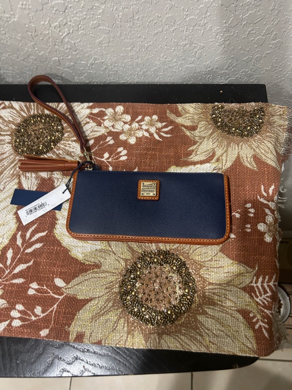 Dooney & Bourke Navy Leather Wristlet with Brown Trim